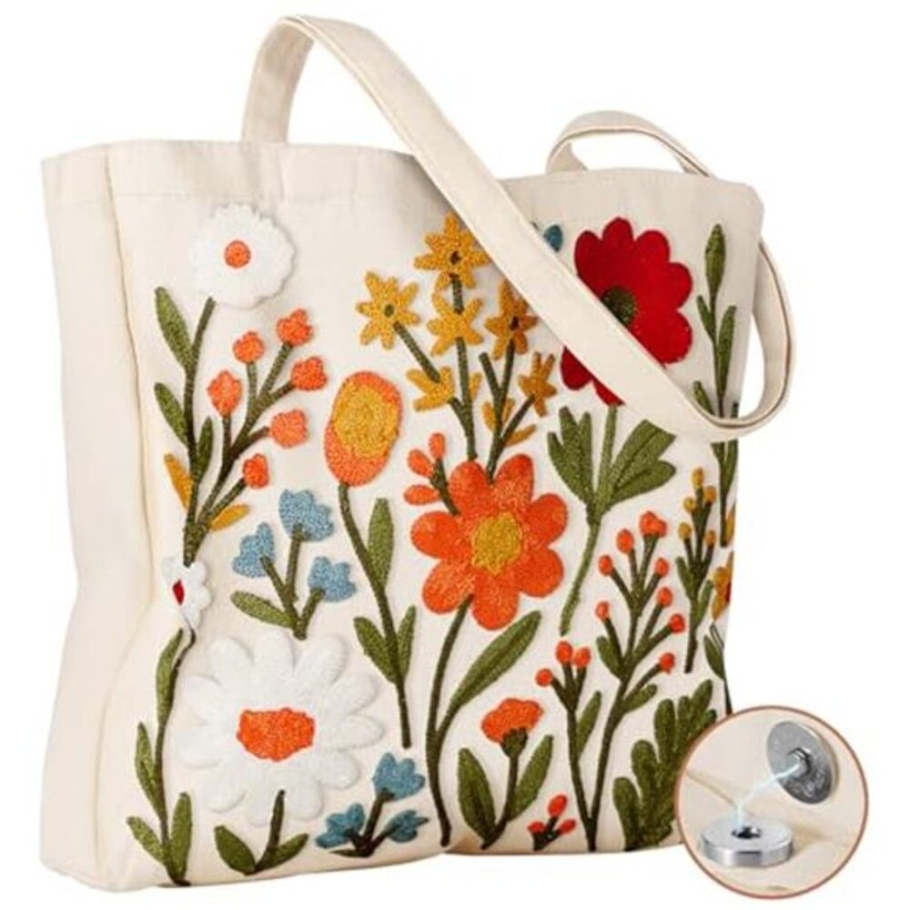 BEAUTIFUL Green Living Colorful Blooms FLORAL EMBROIDERED Linen Canvas TOTE BAG